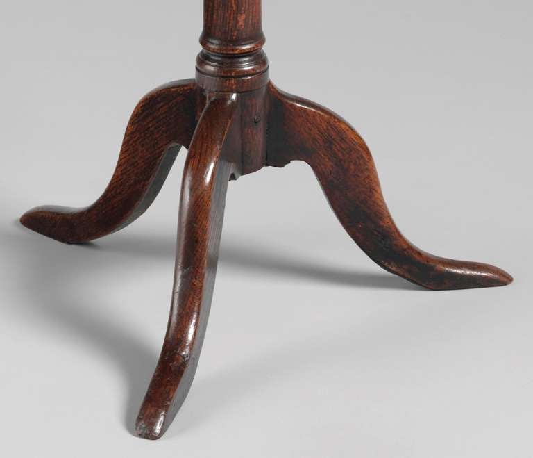 On Gun Barrel Turned Stem and Splayed Feet 
Nutty Coloured Solid Oak
English, c1800 
25.75” high x 19.75” wide x 19.25” deep

A most unusual and satisfying shaped top, this Georgian Tripod wine Table is raised on a well turned baluster stem and