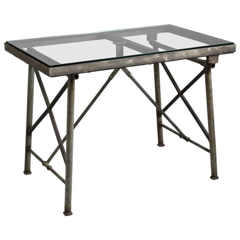 Industrial Work Table with Glass Top For Sale at 1stdibs