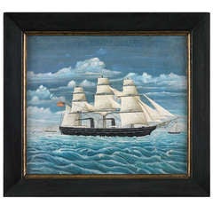 Three Masted Steam Ship In Full Sail, Flying The Stars and Stripes