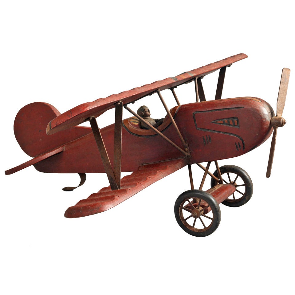 Large Red Painted Wooden Model Bi-Plane For Sale