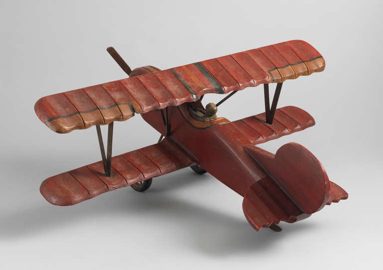 English Large Red Painted Wooden Model Bi-Plane For Sale