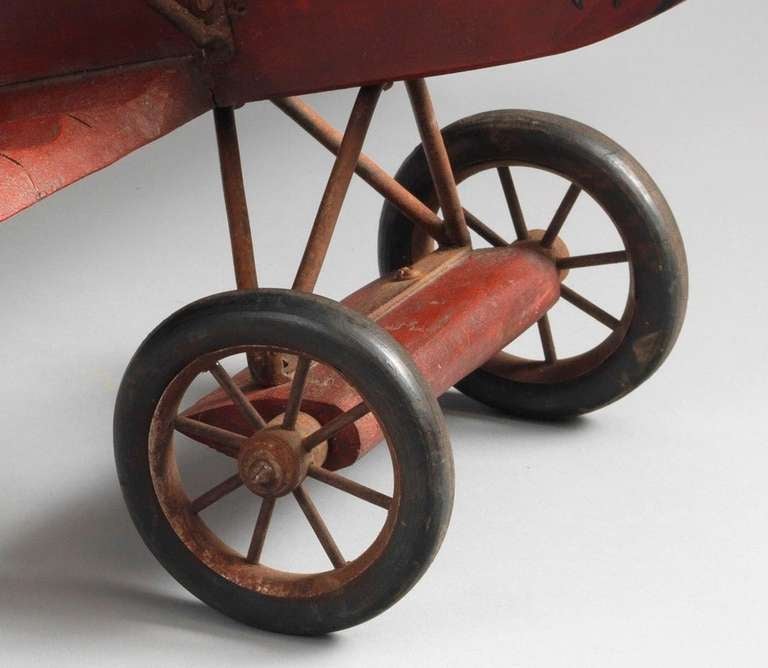 Mid-20th Century Large Red Painted Wooden Model Bi-Plane For Sale