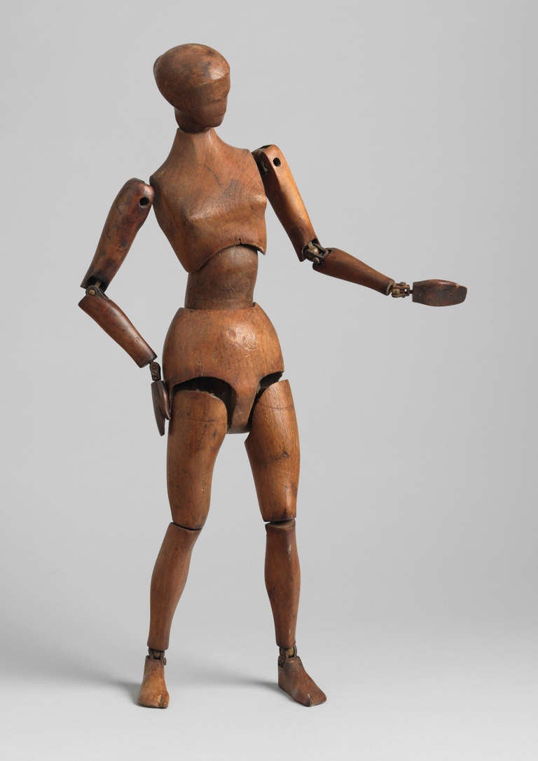 With Stylised Hair and Breasts
Solid Carved Wood with Metal Articulated Joints
Northern European, c.1925
20” high x 5” wide x 2.75” deep

A Really stylish vintage Artist's Mannequin or Lay Figure of good scale and from the birth of the