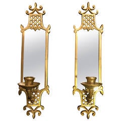 Pair of Hollywood Regency Mirrored Brass Sconces
