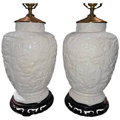 Vintage Pair of Chinese Chippendale Ceramic Lamps