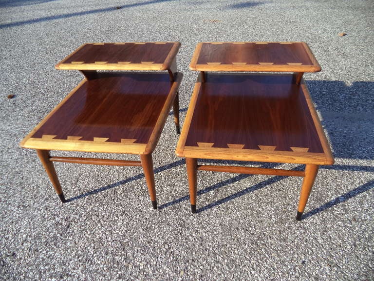 Pair of Mid Century Modern Lane Acclaim End Tables.  Matching coffee table also available. Gorgeous inlaid walnut and oak dovetail banding.