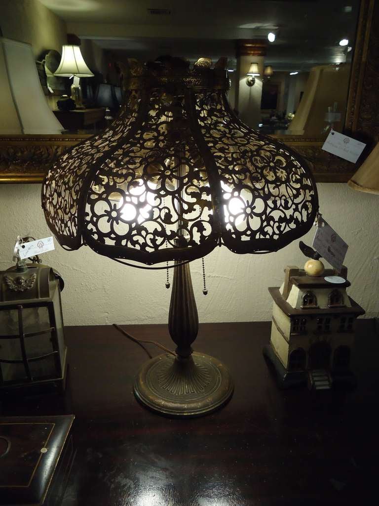 Antique Gilt Metal Lamp with Pierced Shade by Edward Miller For Sale at