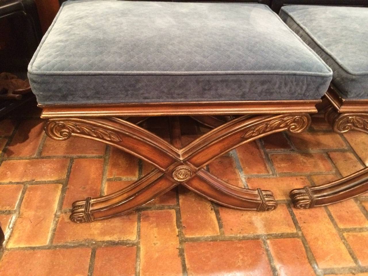 Upholstery Pair of Ethan Allen French Regency X-Base Footstools