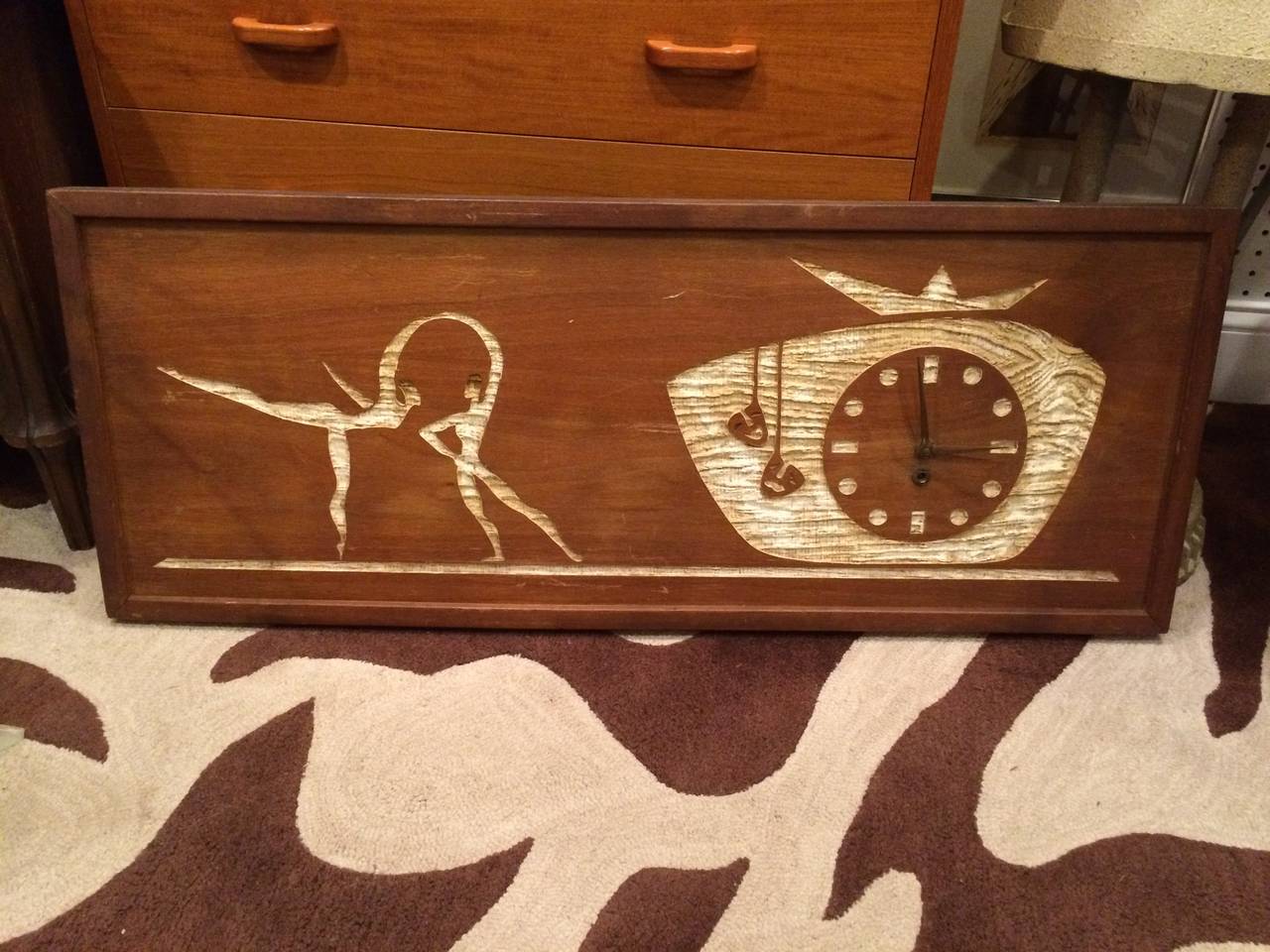 Mid-Century Modern Carved Cork Wall Clock Art