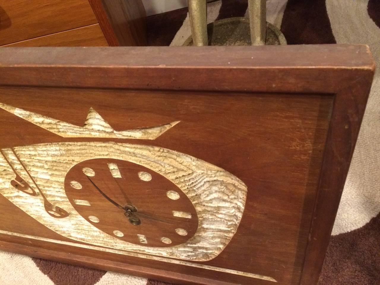 MidCentury Modern Carved Cork Wall Clock Art at 1stDibs