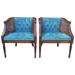 Pair of Hollywood Regency Tufted Velvet Caned Chairs