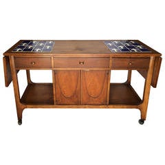 Retro Broyhill Brasilia Walnut and Tile Server or Bar Cart