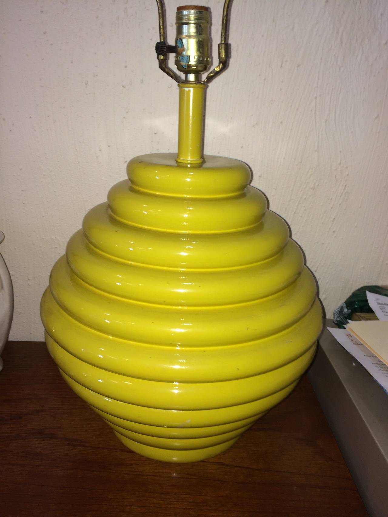 Pair of beehive shaped ceramic lamps. Striking Mid-Century Modern golden yellow pair. Perfect complement to any room.