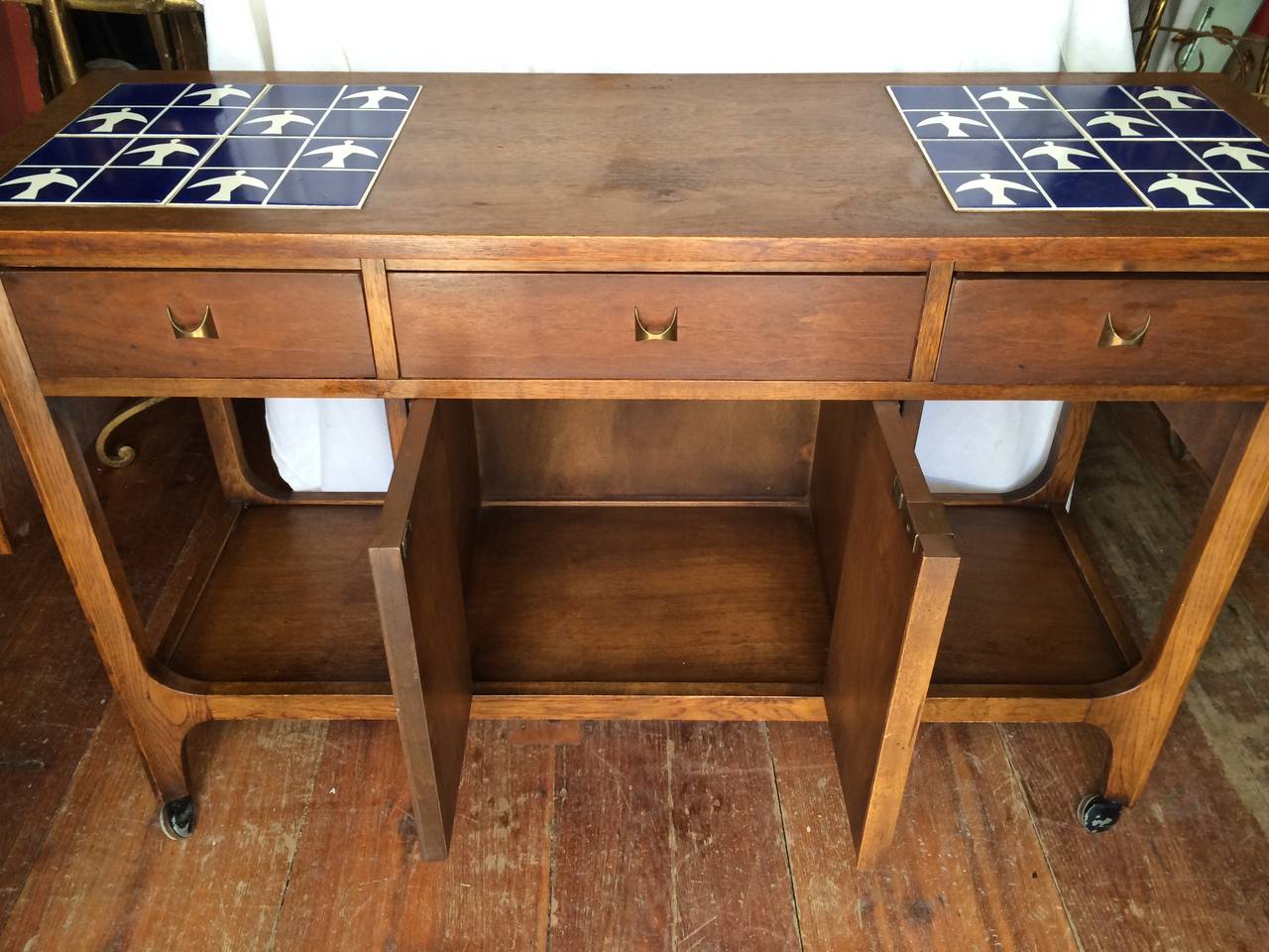 Late 20th Century Broyhill Brasilia Walnut and Tile Server or Bar Cart