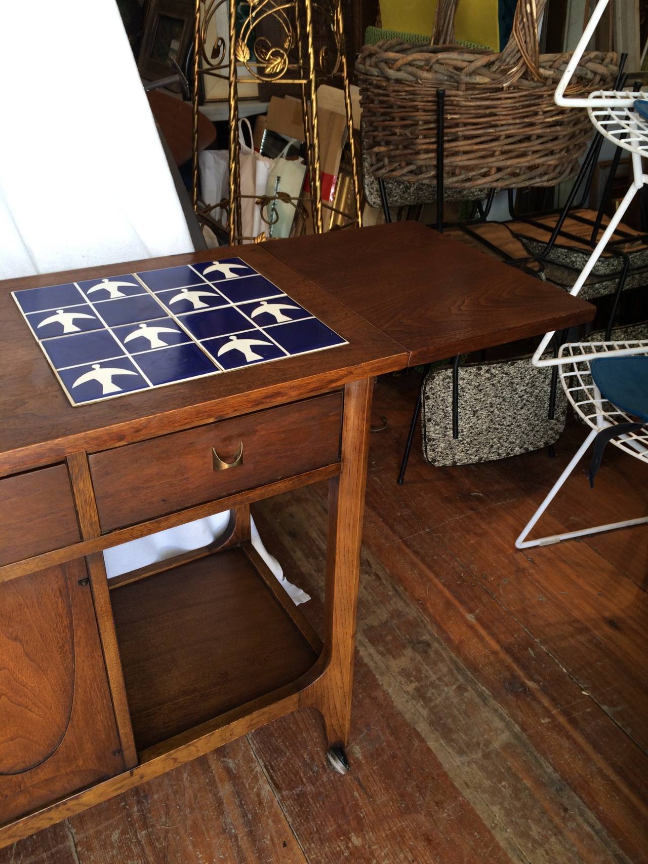 Mid-Century Modern Broyhill Brasilia Walnut and Tile Server or Bar Cart