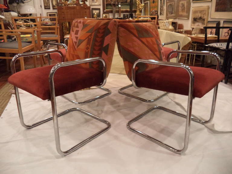 Upholstery Set of Four Tubular Steel Cantilever Armchairs