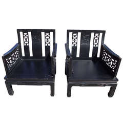 Vintage Pair of Carved Chinese Chippendale Hardwood Chairs in the Style of James Mont