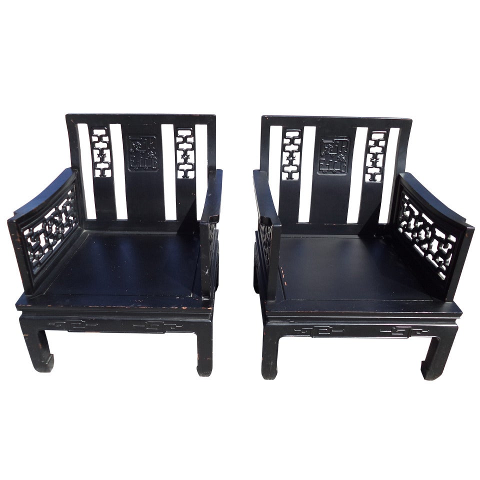 Pair of Carved Chinese Chippendale Hardwood Chairs in the Style of James Mont