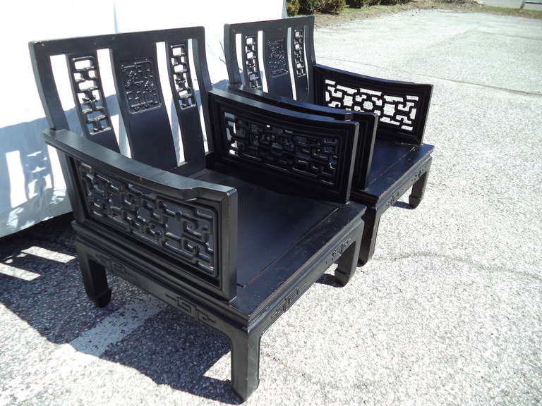 20th Century Pair of Carved Chinese Chippendale Hardwood Chairs in the Style of James Mont