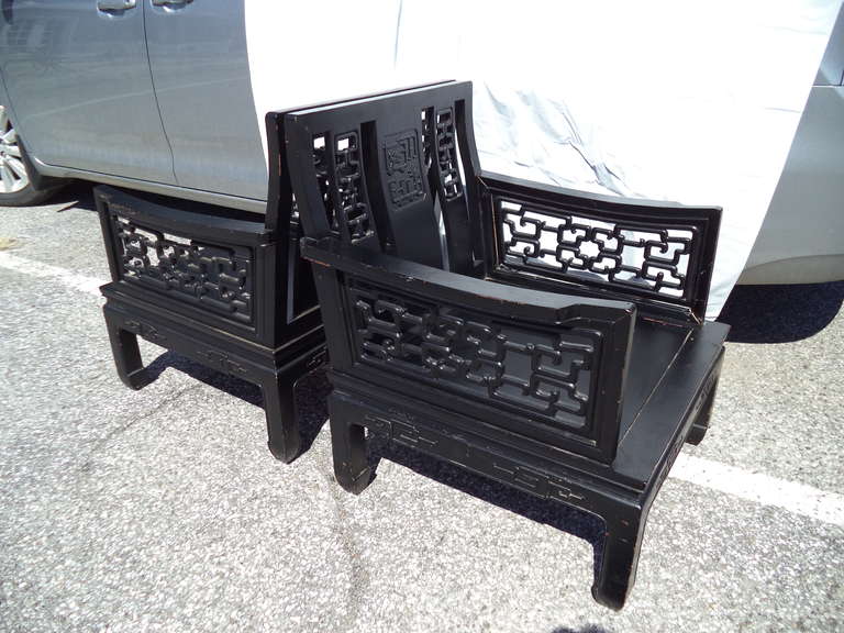 Pair of Carved Chinese Chippendale Hardwood Chairs in the Style of James Mont 2