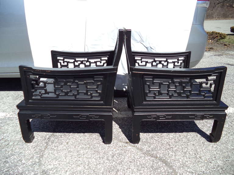 Pair of Carved Chinese Chippendale Hardwood Chairs in the Style of James Mont 1
