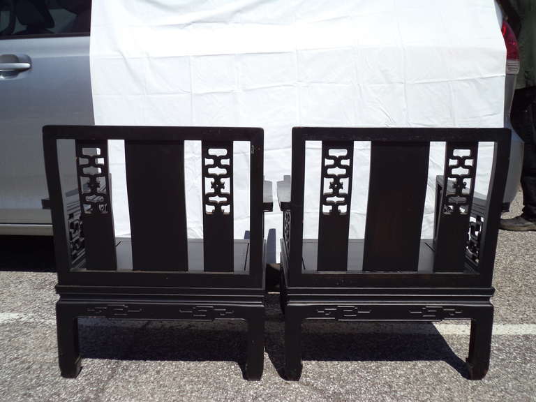 Pair of Carved Chinese Chippendale Hardwood Chairs in the Style of James Mont 4