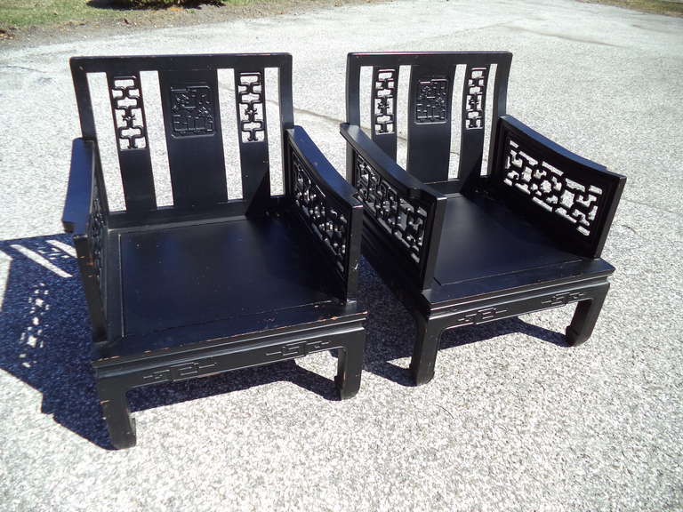 Hollywood Regency Pair of Carved Chinese Chippendale Hardwood Chairs in the Style of James Mont