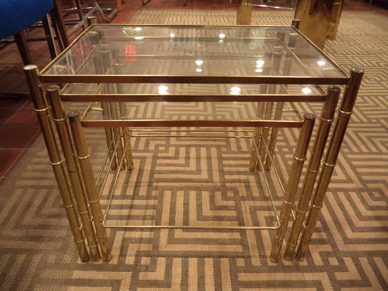 Set of 3 Faux Bamboo Brass Nesting Tables with clear glass tops