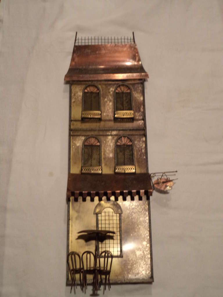 Curtis Jere wall sculpture of Parisian Cafe House/Bistro. Nice 3d wall sculpture of mixed metals. 1970's artisan house piece by Curtis Jere. 1stdibs Parcel shipping is $45