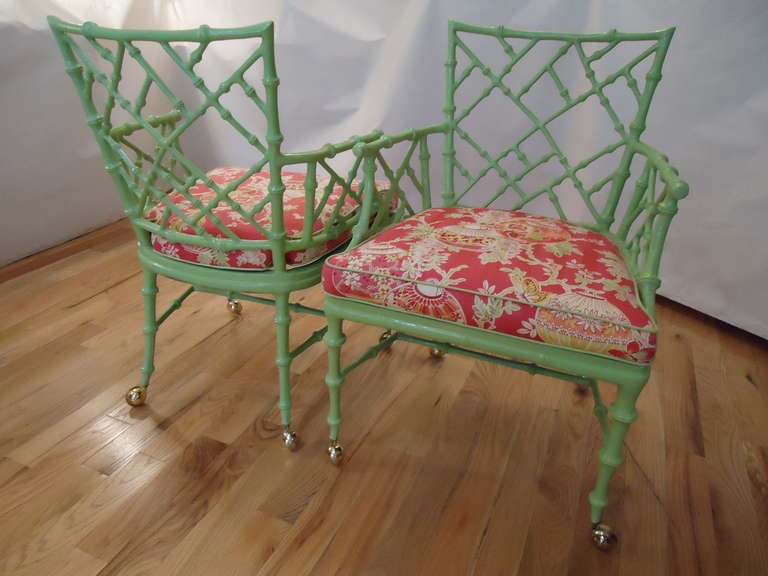 Pair of Chinese Chippendale Iron Bamboo Arm Chairs In Excellent Condition In Redding, CT