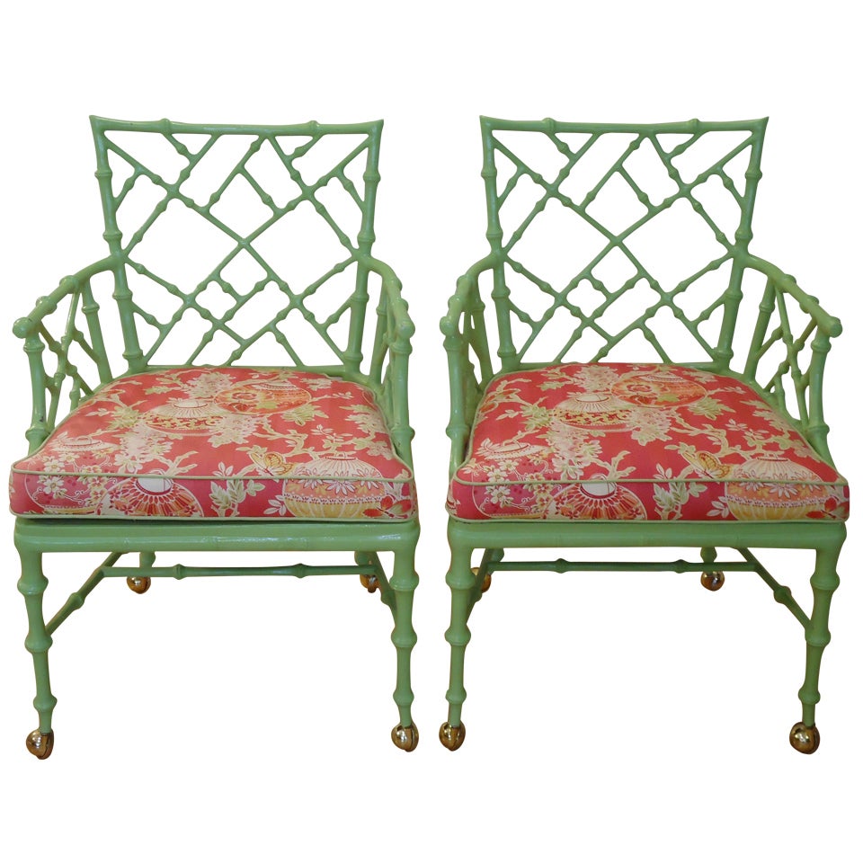 Pair of Chinese Chippendale Iron Bamboo Arm Chairs