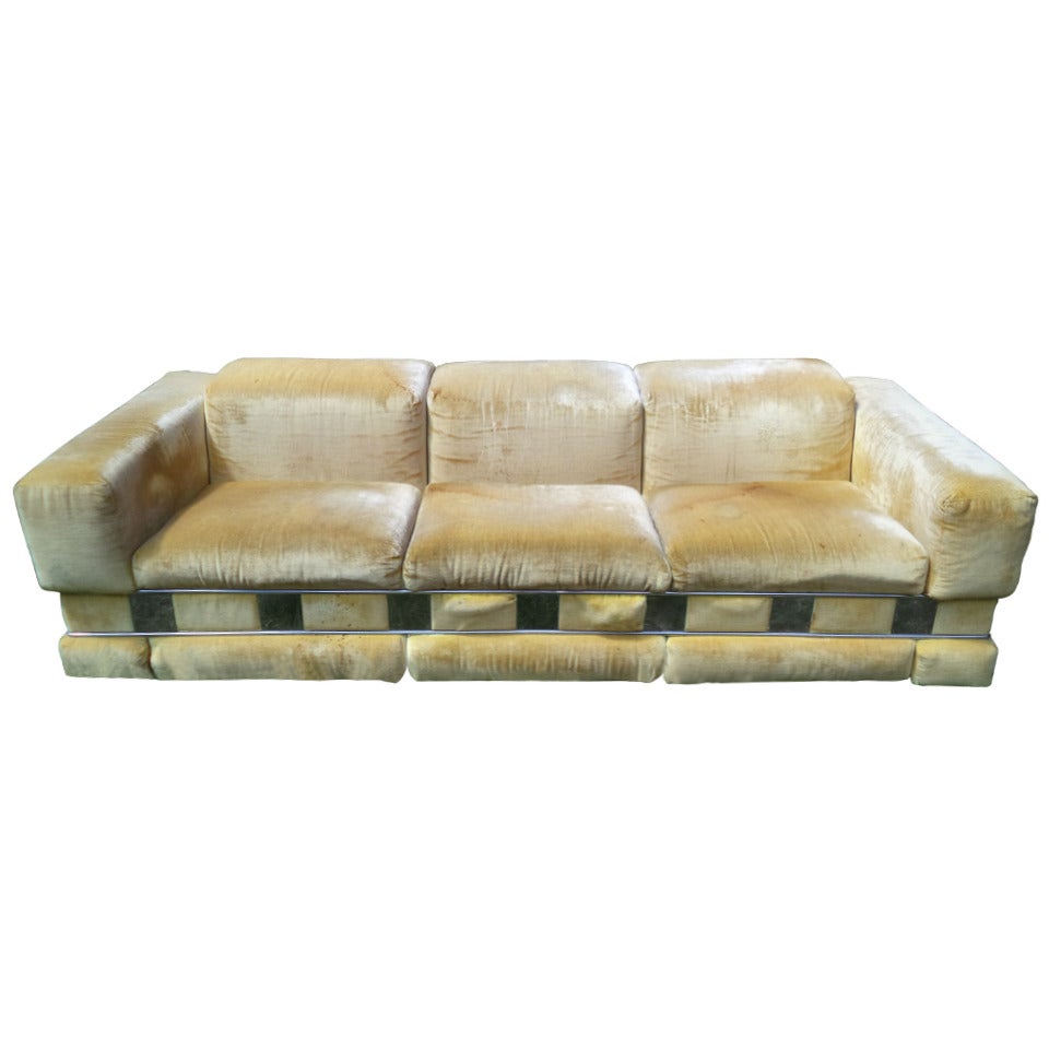 Milo Baughman Style Hollywood Regency Sofa with Chrome Panels