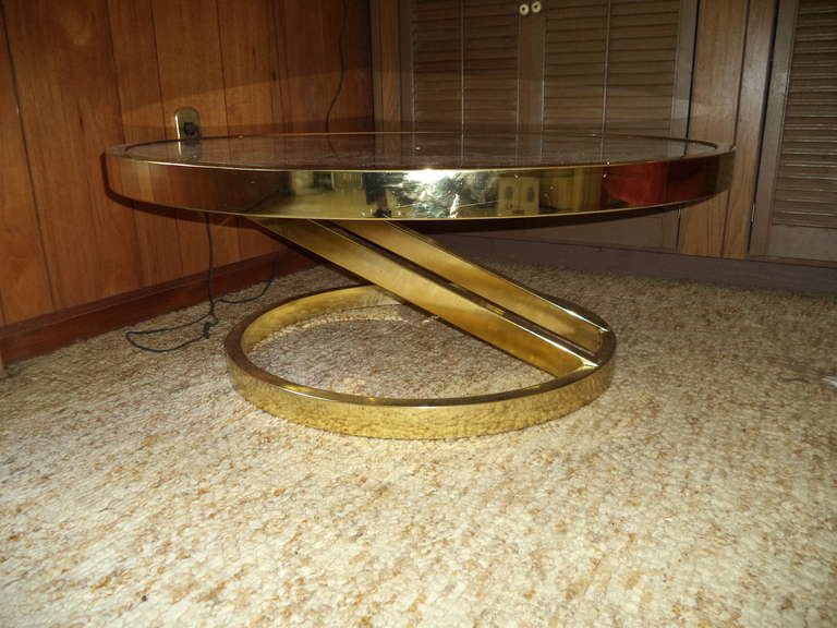 American Milo Baughman Round Brass and Smoked Glass Table