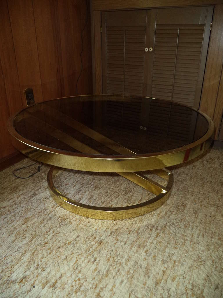 Mid-Century Modern Milo Baughman Round Brass and Smoked Glass Table