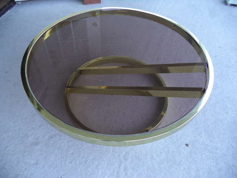 Mid-20th Century Milo Baughman Round Brass and Smoked Glass Table