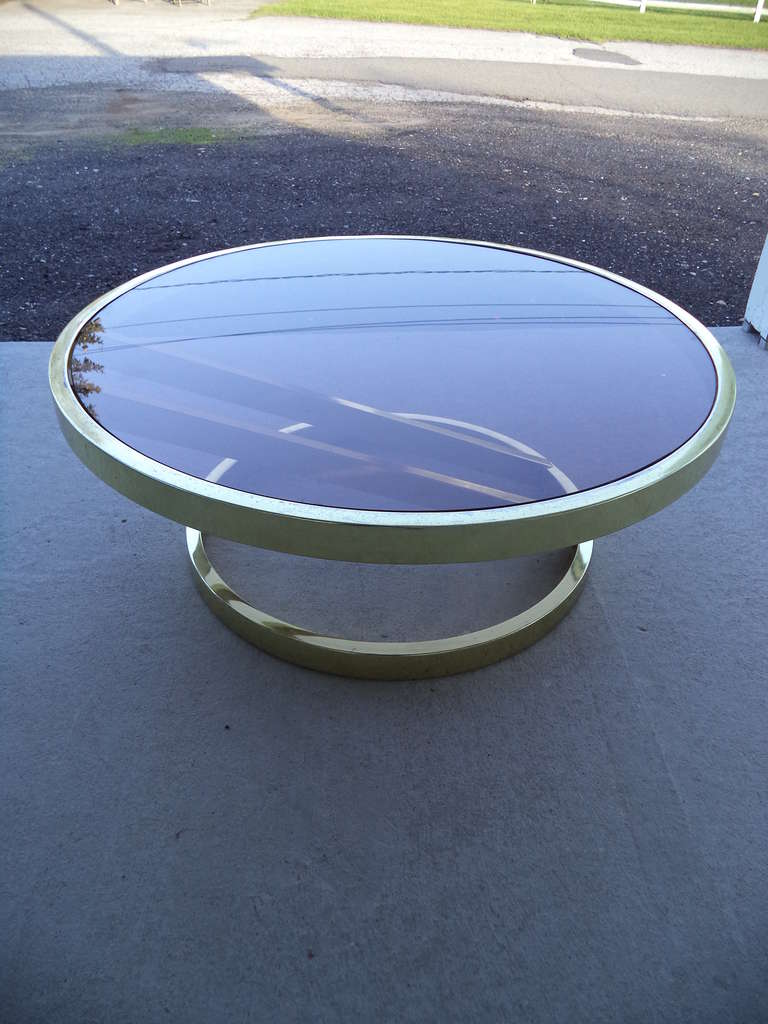 Milo Baughman Round Brass and Smoked Glass Table In Fair Condition In Redding, CT