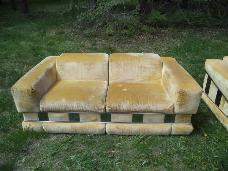 Milo Baughman Style Hollywood Regency Sofa with Chrome Panels 1