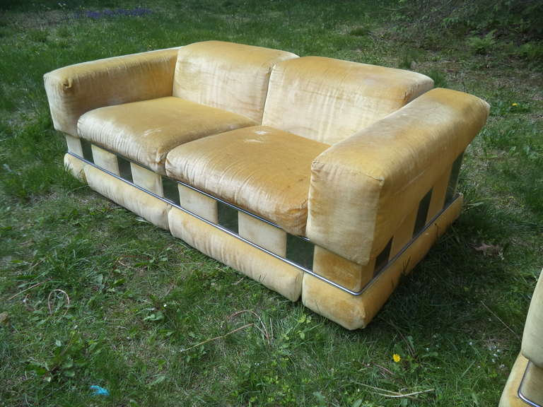 American Milo Baughman Style Hollywood Regency Sofa with Chrome Panels