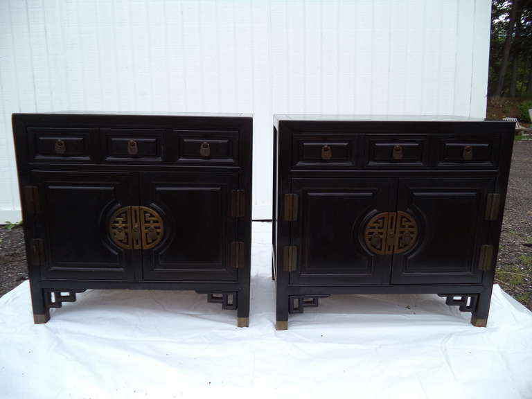 Brass Pair of Chinese Chippendale Cabinets in the style of James Mont for Century 