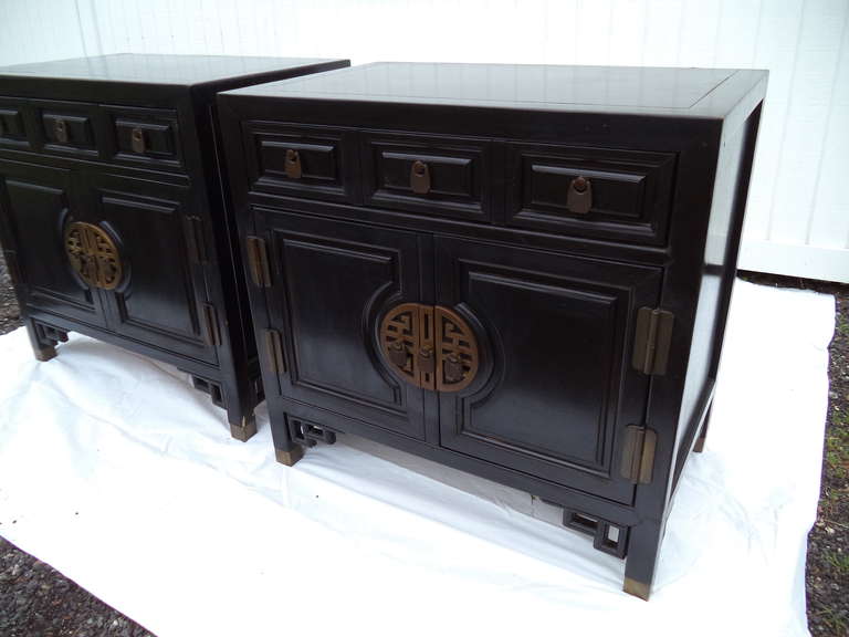 Hollywood Regency Pair of Chinese Chippendale Cabinets in the style of James Mont for Century 