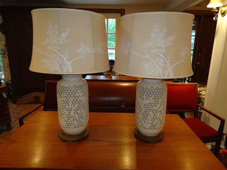 Pair Of Blanc De Chine Lamps With Silk Shades 2