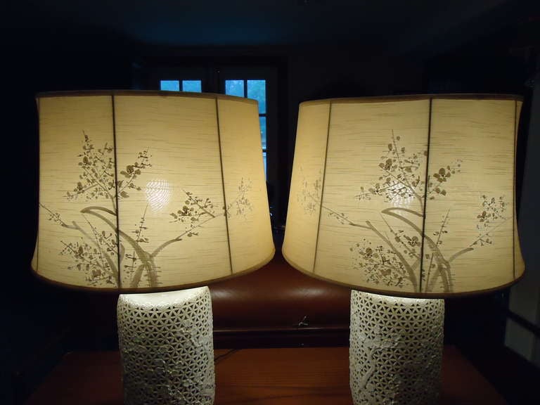 Pair Of Blanc De Chine Lamps With Silk Shades 1