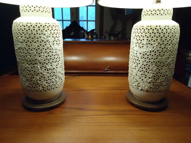 Porcelain Pair Of Blanc De Chine Lamps With Silk Shades