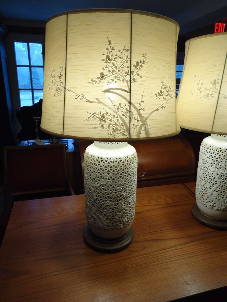 Pair Of Blanc De Chine Lamps With Silk Shades In Excellent Condition In Redding, CT