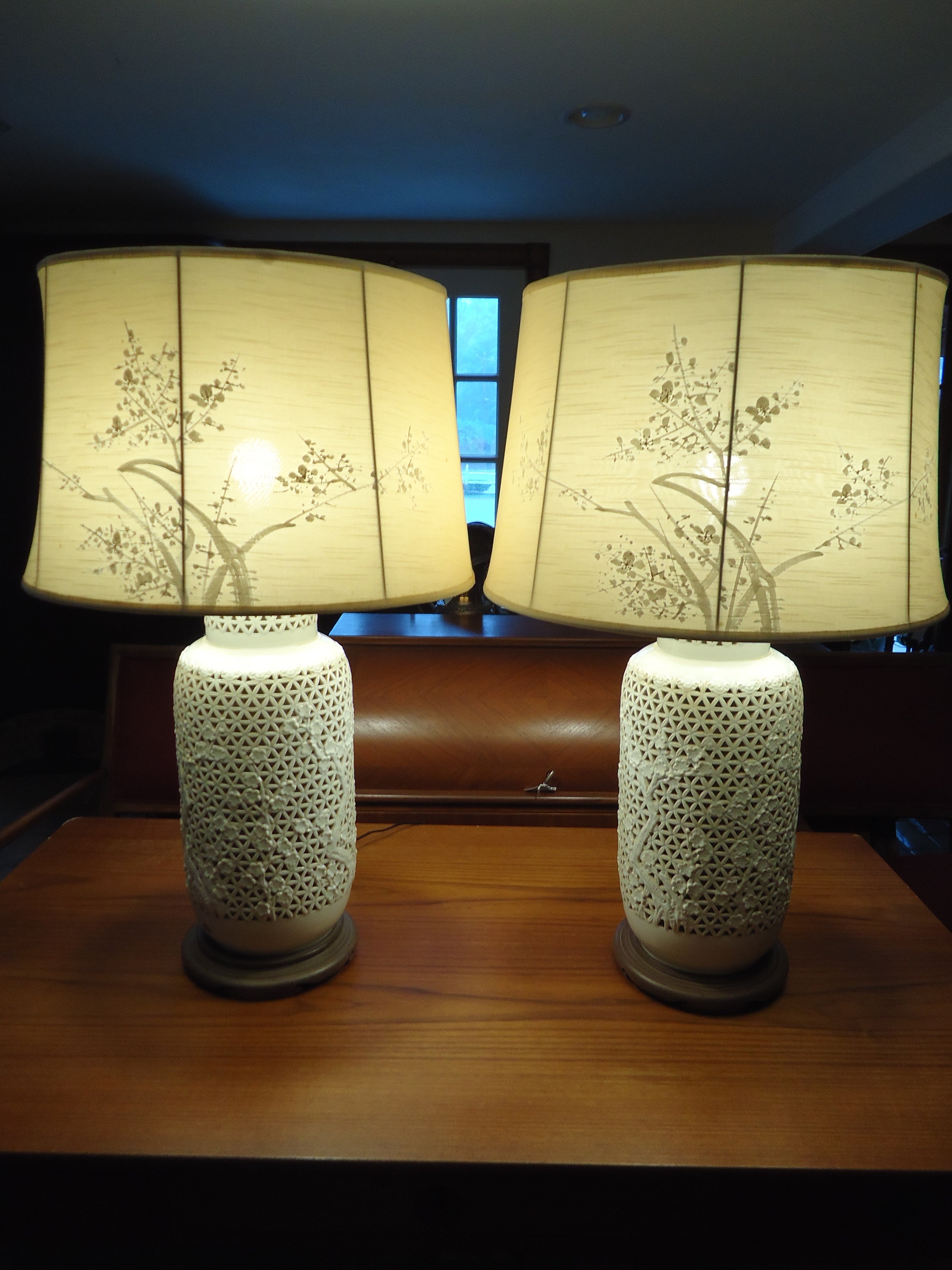 Pair Of Blanc De Chine Lamps With Silk Shades
