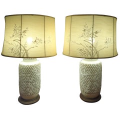 Retro Pair Of Blanc De Chine Lamps With Silk Shades