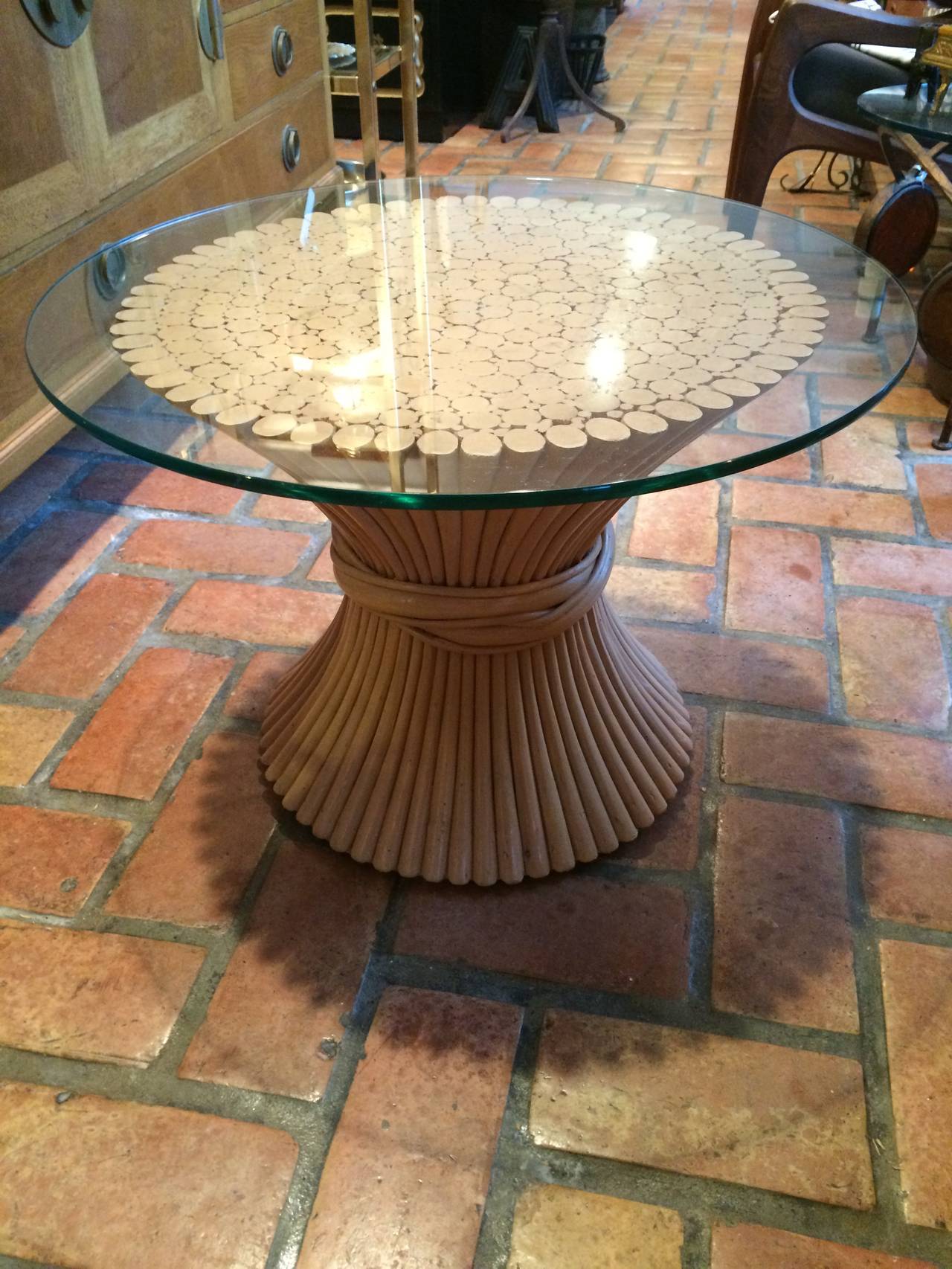 round bamboo coffee table with glass top