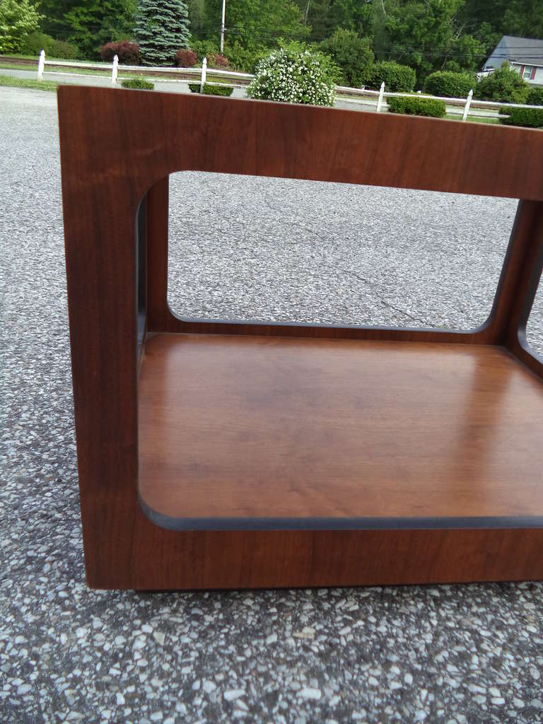 Walnut Milo Baughman Style Mid-Century Table with Smoked Glass Top
