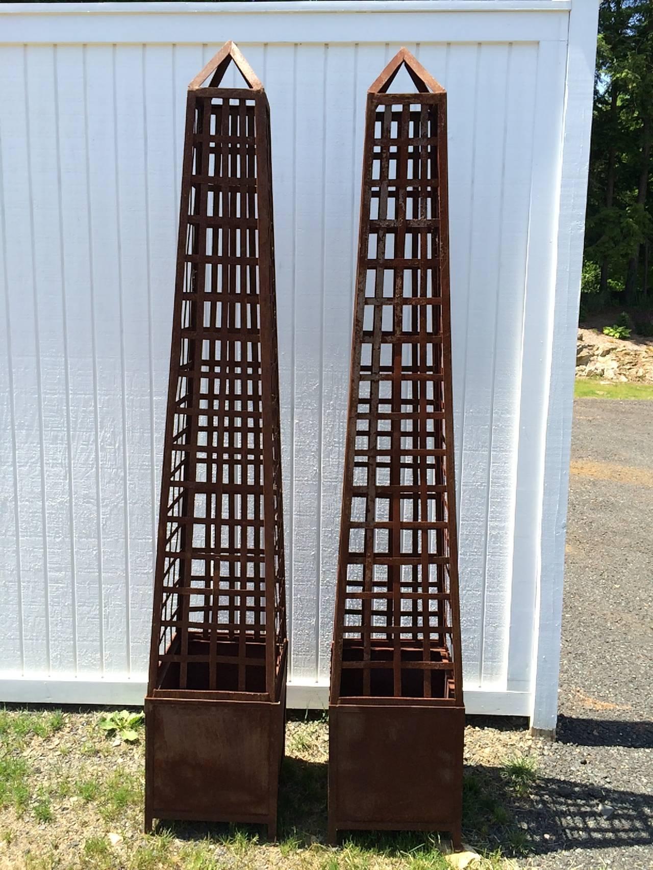 20th Century Pair of Monumental Iron Latticework Obelisks with Planters