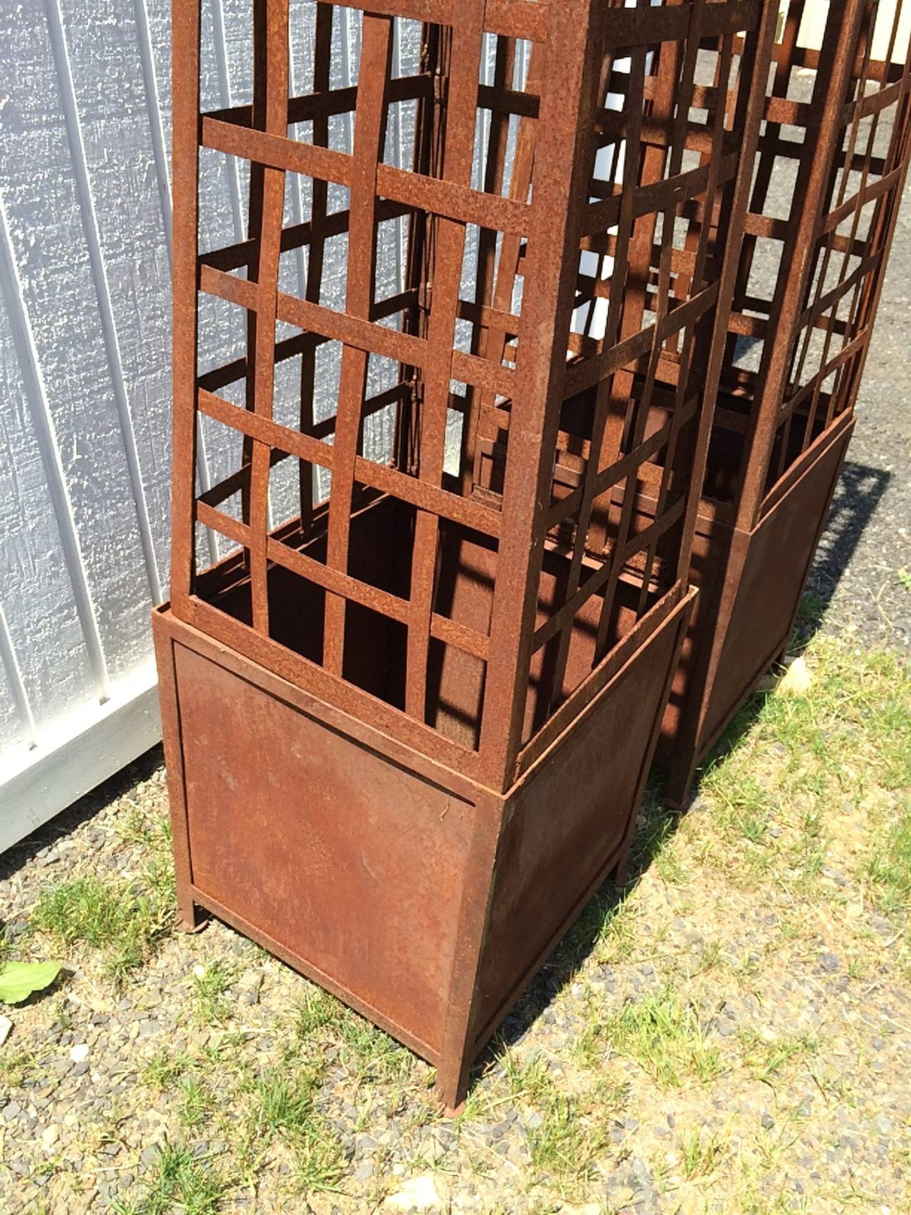 Pair of Monumental Iron Latticework Obelisks with Planters 2